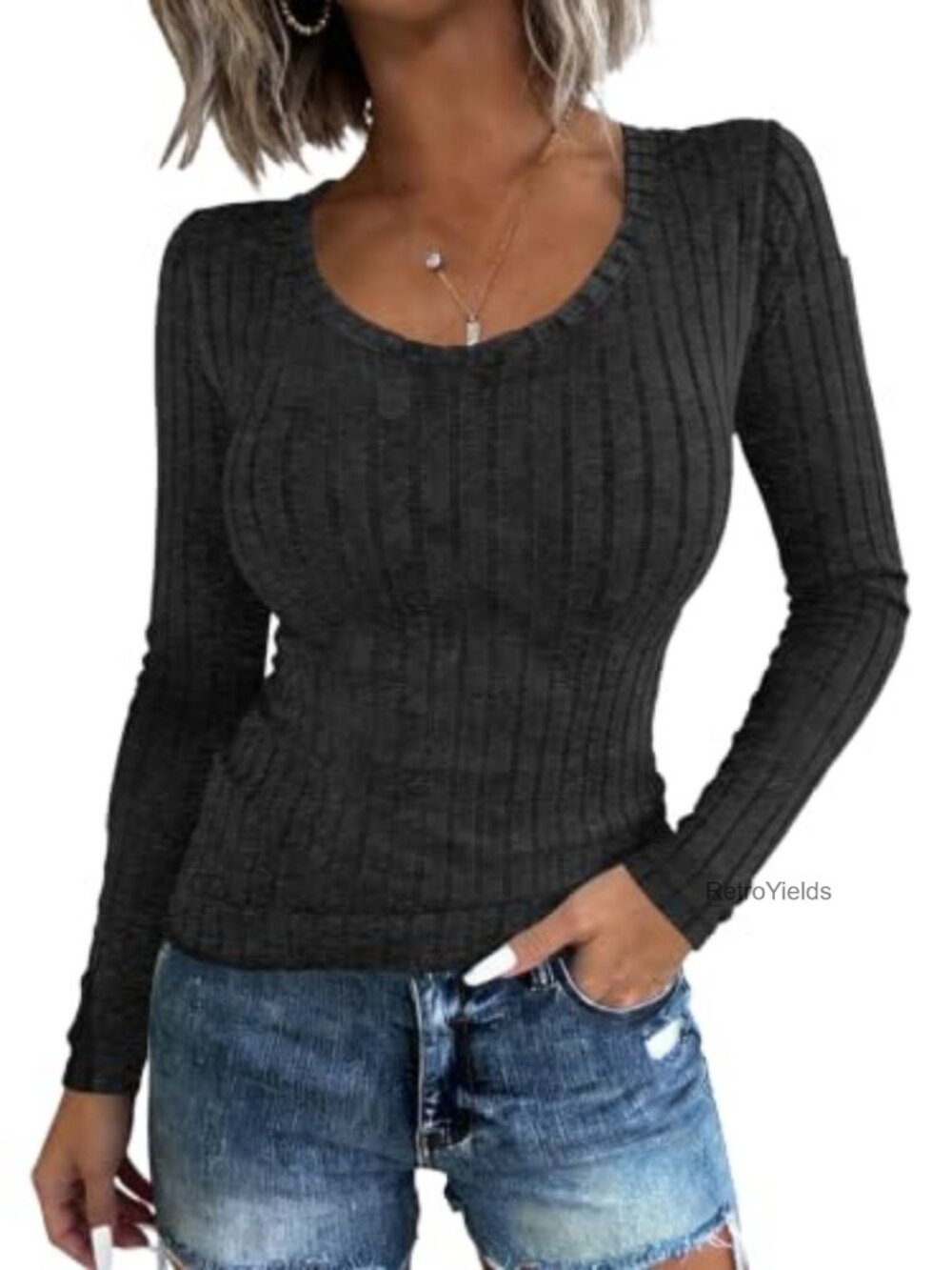 Women's Long Sleeve Ribbed Slim Fit Scoop Neck T-Shirt Basic Top
